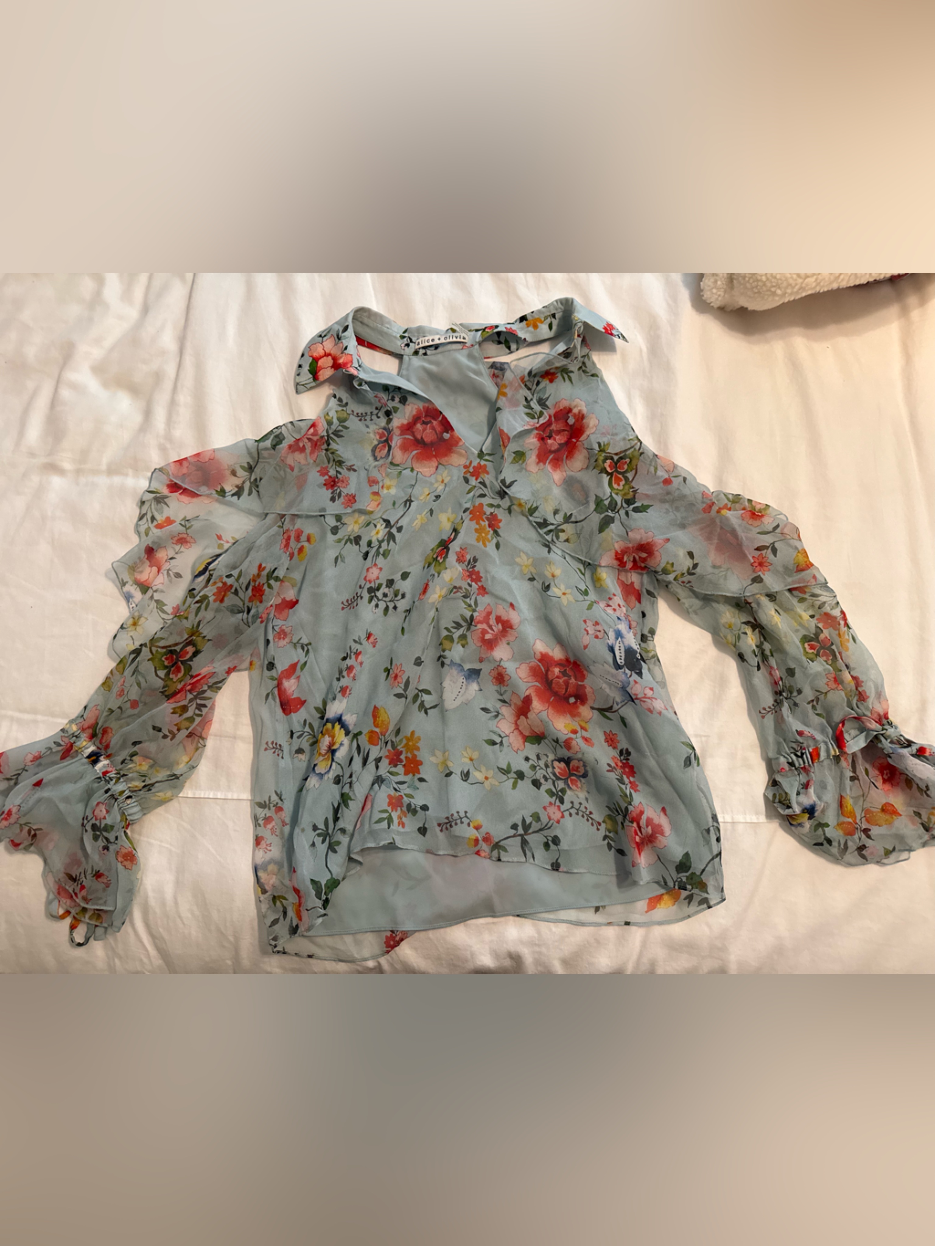Alice + Olivia Pale Blue Floral Blouse With Red And Pink Blooms